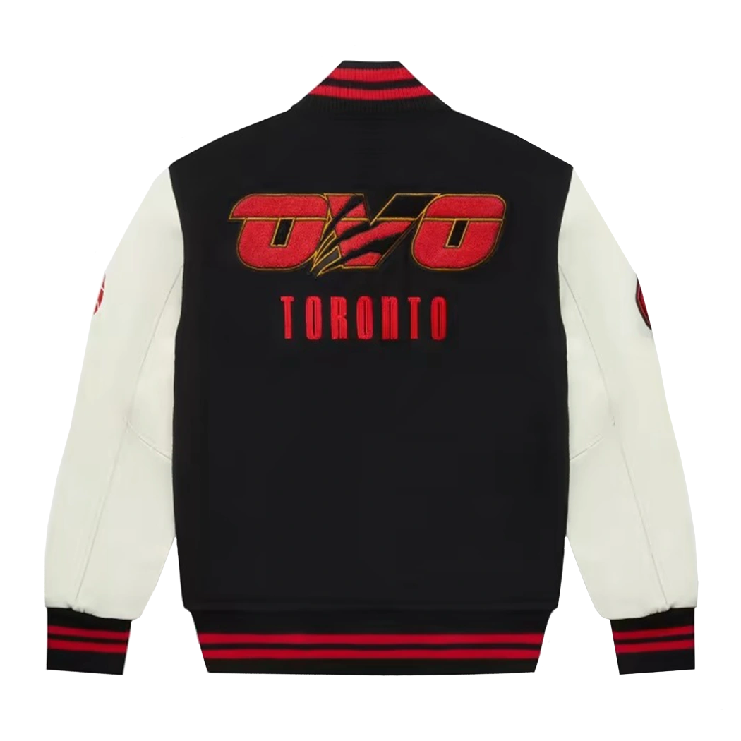 Ovo x toronto raptors blackcream wool leather varsity jacket 02