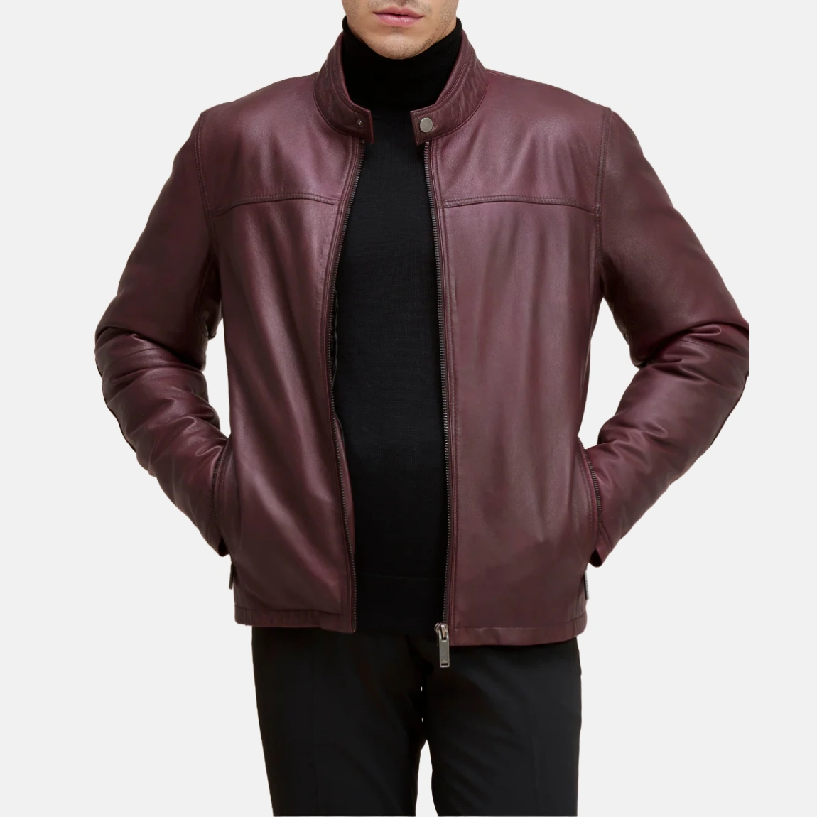 Oxblood mens chest yoke leather moto jacket