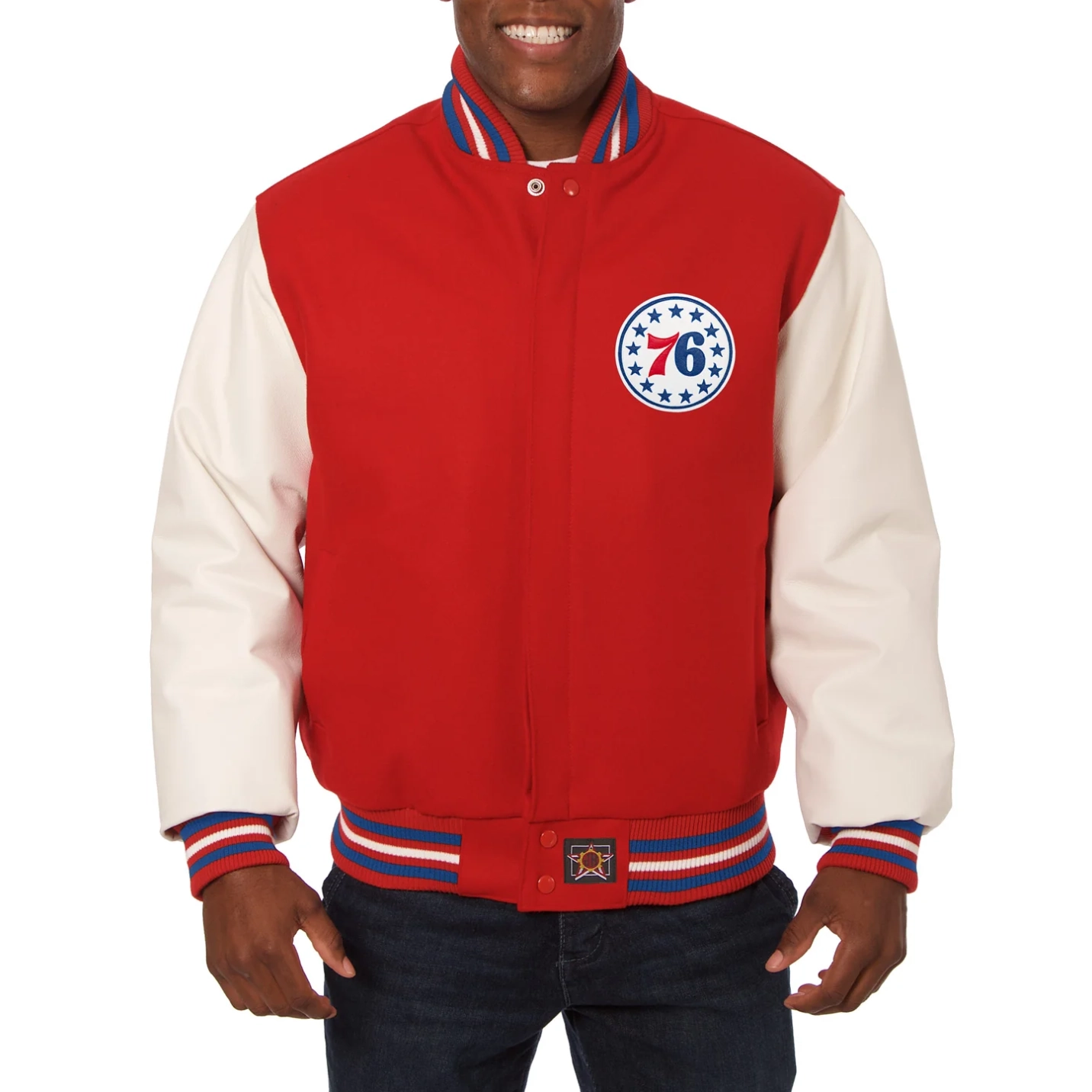 Philadelphia 76ers domestic two tone wool and leather jacket red white 1