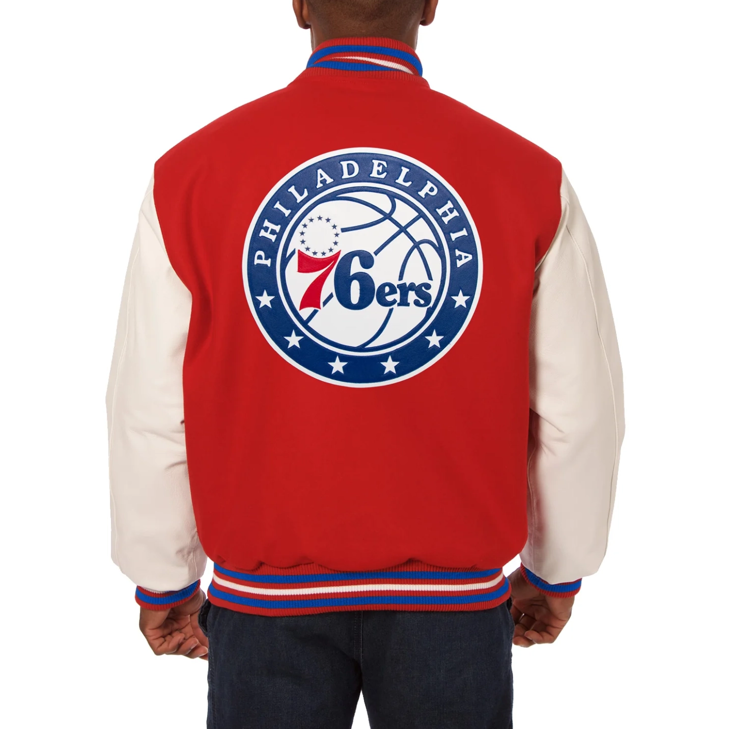 Philadelphia 76ers domestic two tone wool and leather jacket red white 2