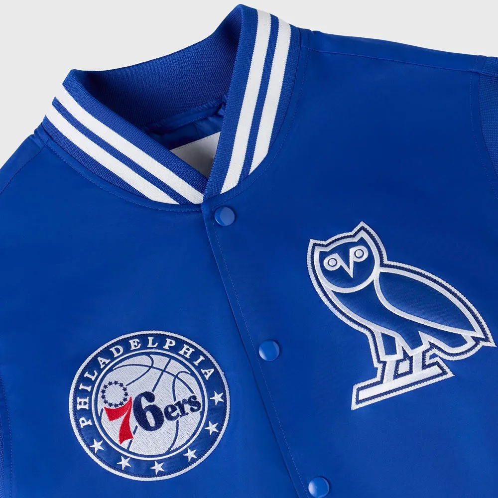 Philadelphia 76ers full snap blue satin varsity collar detail