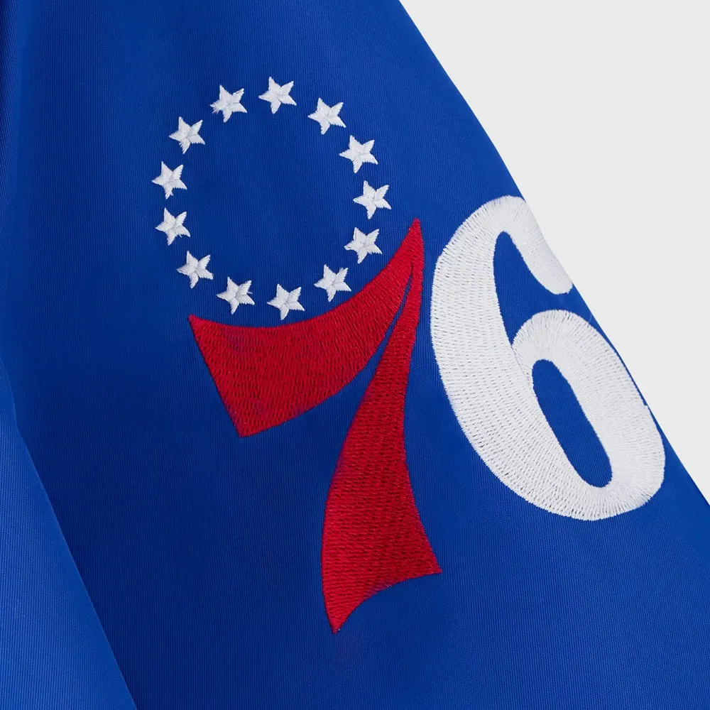 Philadelphia 76ers full snap blue satin varsity sleeve logo