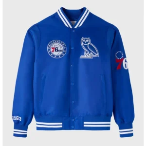 Philadelphia 76ers full snap satin varsity blue jacket