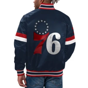 Philadelphia 76ers home game satin varsity jacket navy