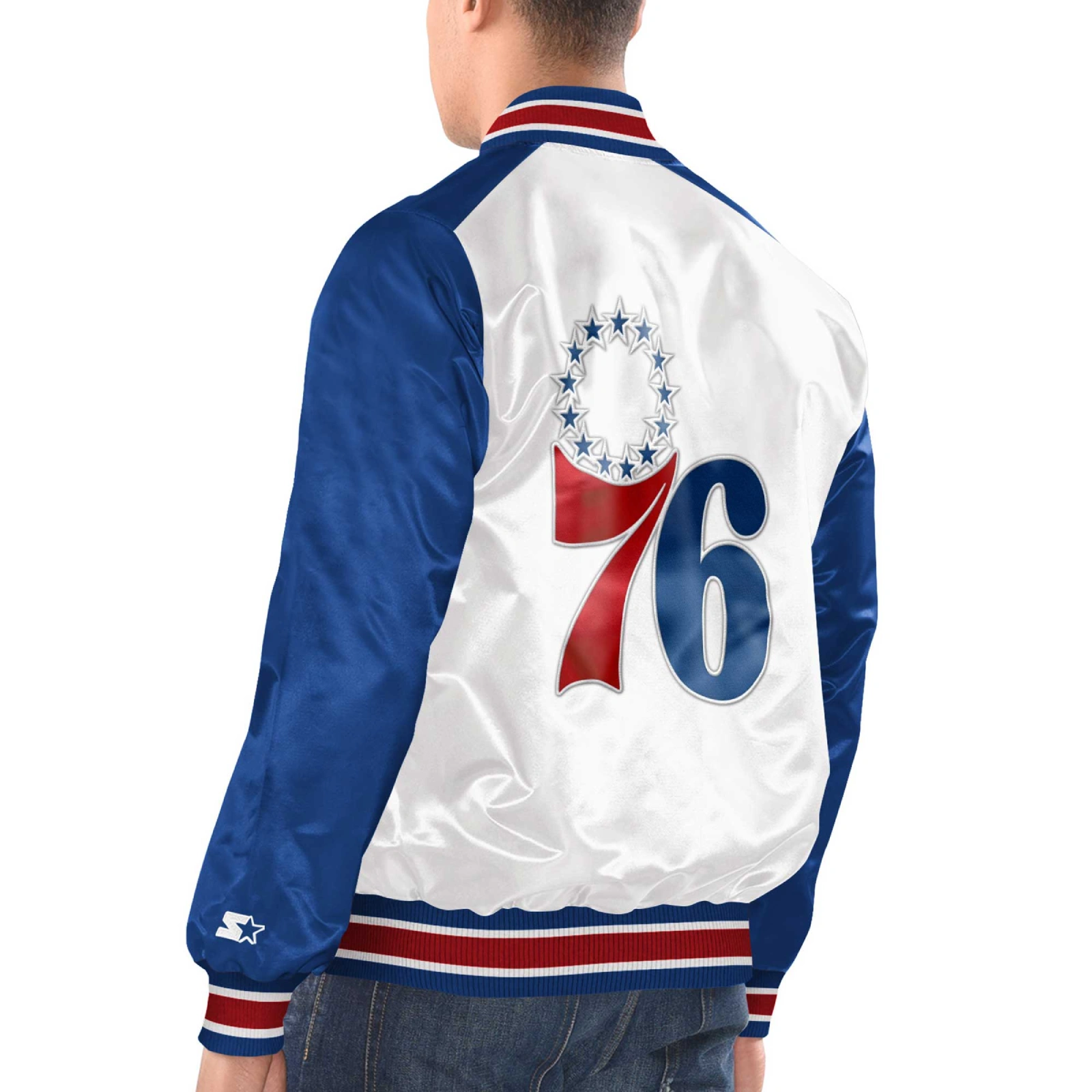 Philadelphia 76ers renegade satin varsity jacket white blue 2