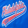 Philadelphia 76ers script tail womens ribbed knitted satin varsity jacket blue