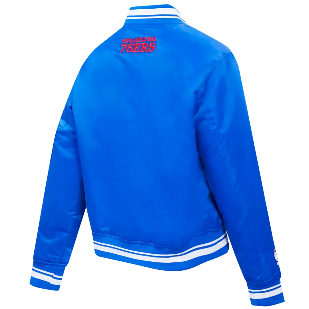 Philadelphia 76ers script tail womens ribbed knitted satin varsity jacket blue 2