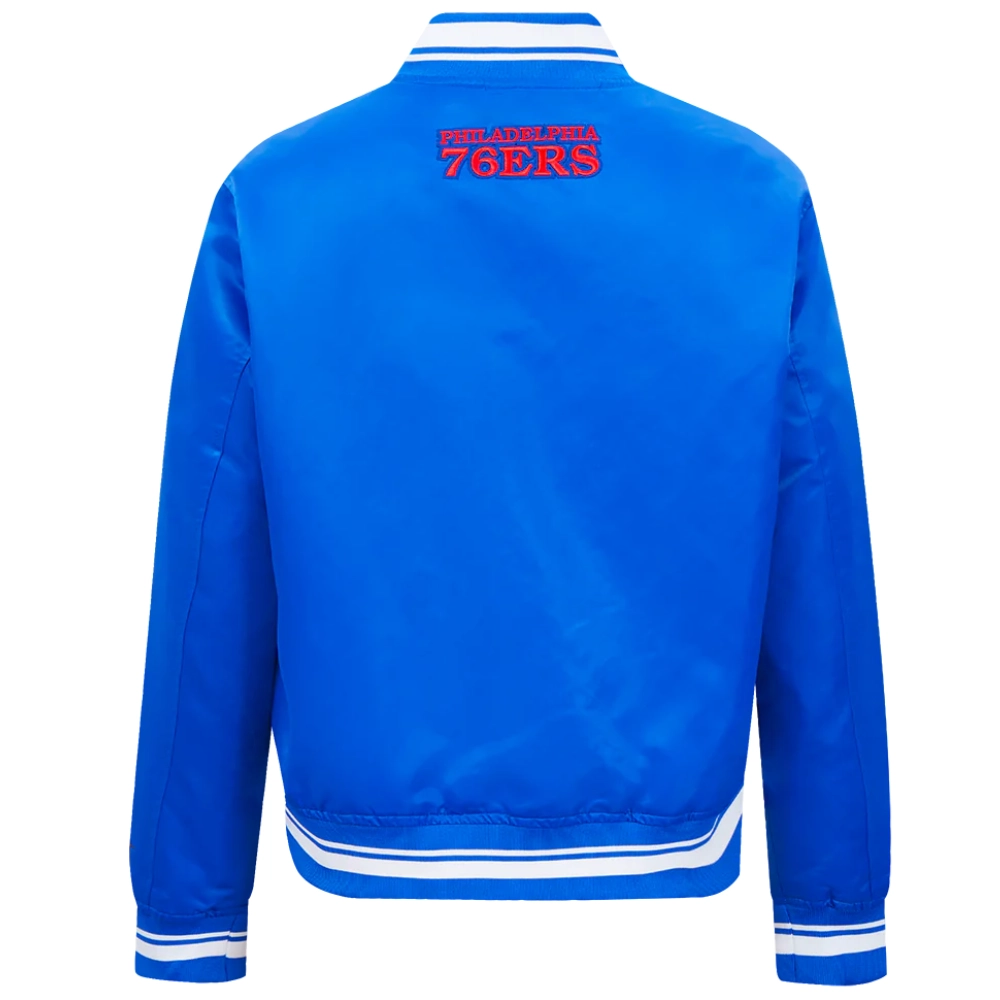Philadelphia 76ers script tail womens ribbed knitted satin varsity jacket blue 3