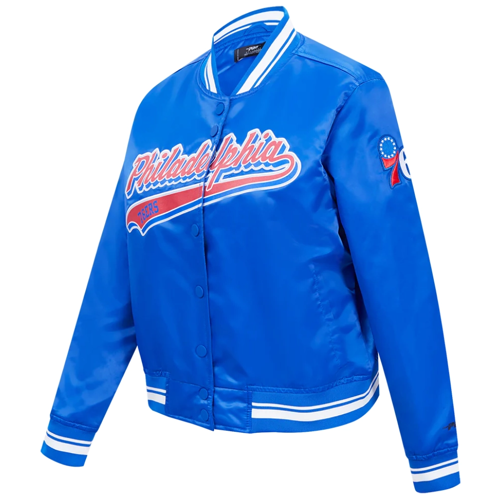 Philadelphia 76ers script tail womens ribbed knitted satin varsity jacket blue 4