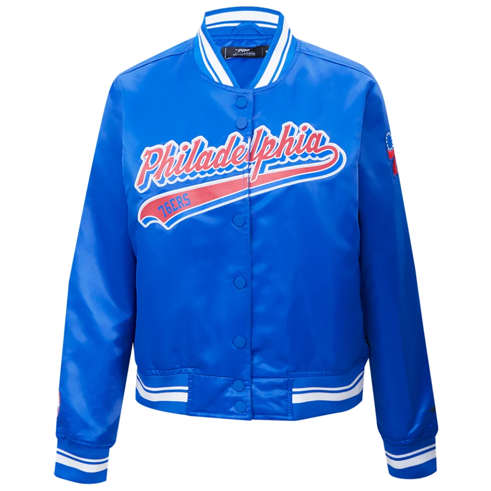Philadelphia 76ers script tail womens ribbed knitted satin varsity jacket blue 5