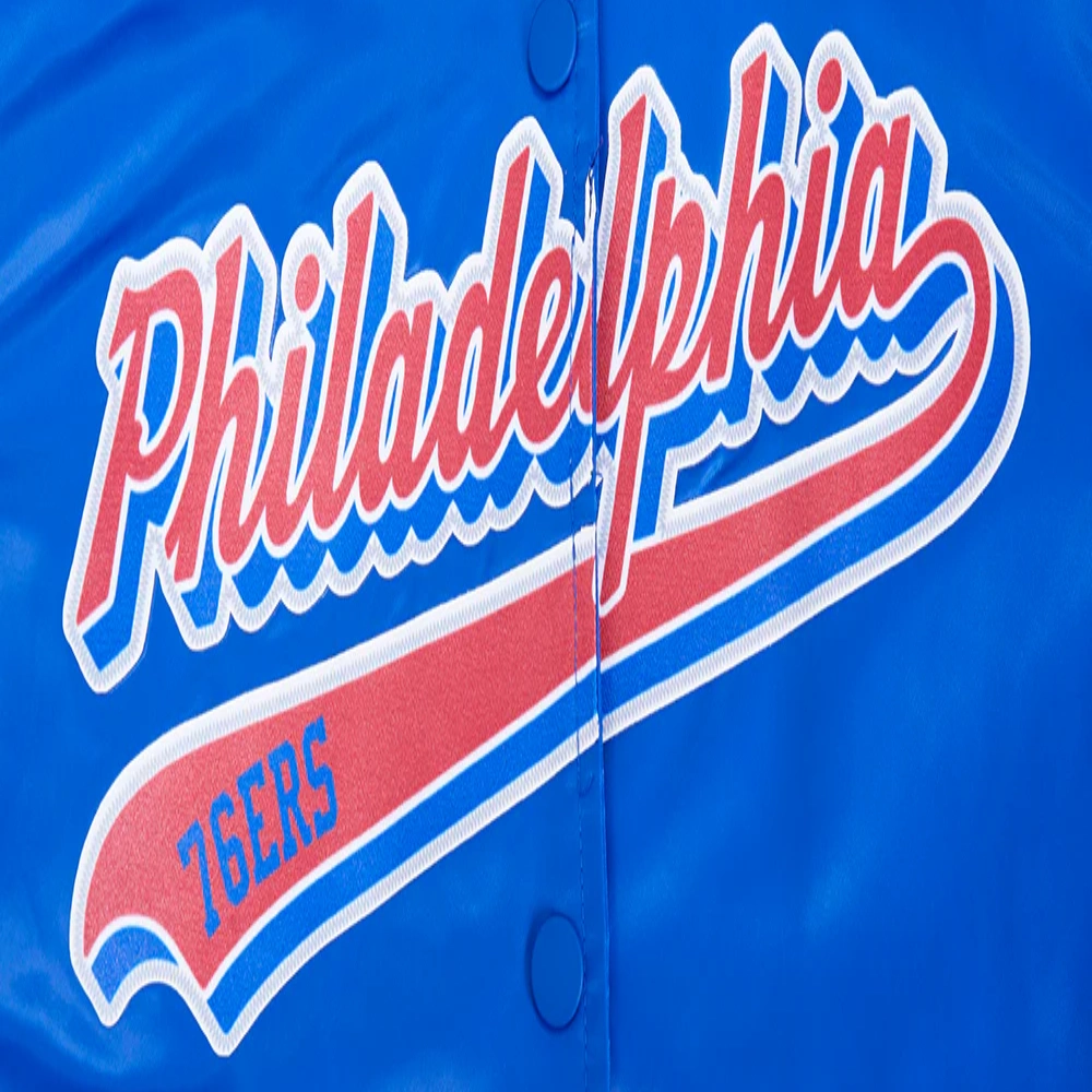 Philadelphia 76ers script tail womens ribbed knitted satin varsity jacket blue