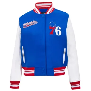 Philadelphia 76ers script tail womens wool leather varsity jacket bluewhite 2