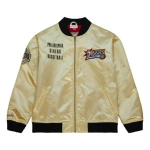 Philadelphia 76ers team og 20 full zip satin varsity jacket gold 1