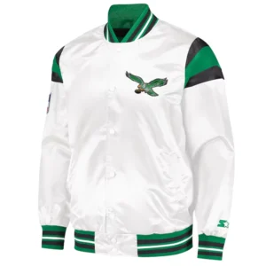 Philadelphia eagle full snap satin varsity jacket white 1