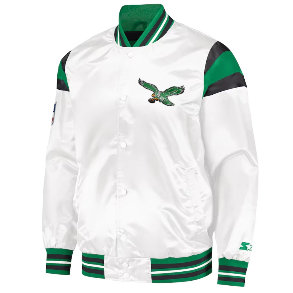 Philadelphia eagle full snap satin varsity jacket white 1