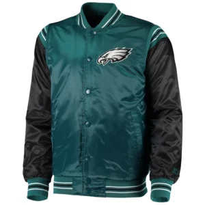 Philadelphia eagles enforcer full snap satin varsity jacket greenblack 2