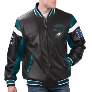 Philadelphia eagles full zip leather varsity jacket black 1