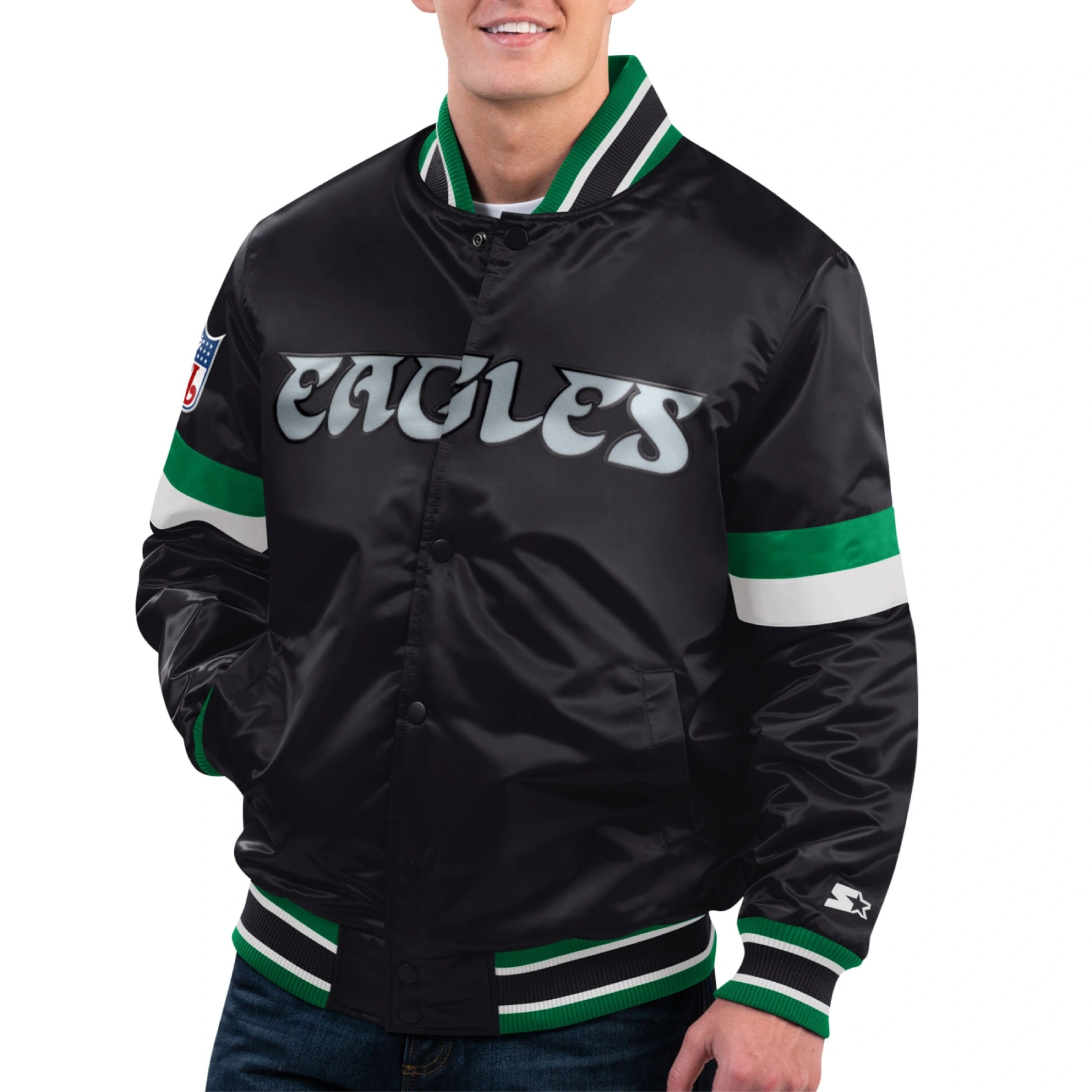Philadelphia eagles gridiron classics home game satin varsity jacket black 1