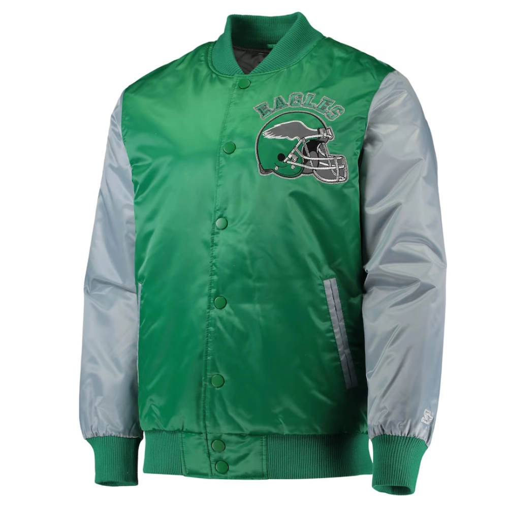 Philadelphia eagles locker room throwback satin varsity jacket green grey 2