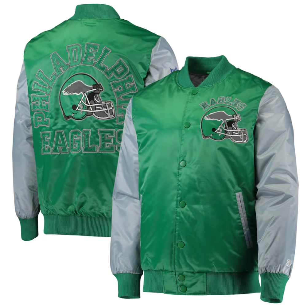 Philadelphia eagles locker room throwback satin varsity jacket green grey 3