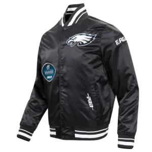 Philadelphia eagles old english ribbed knitted satin varsity jacket black 6 1