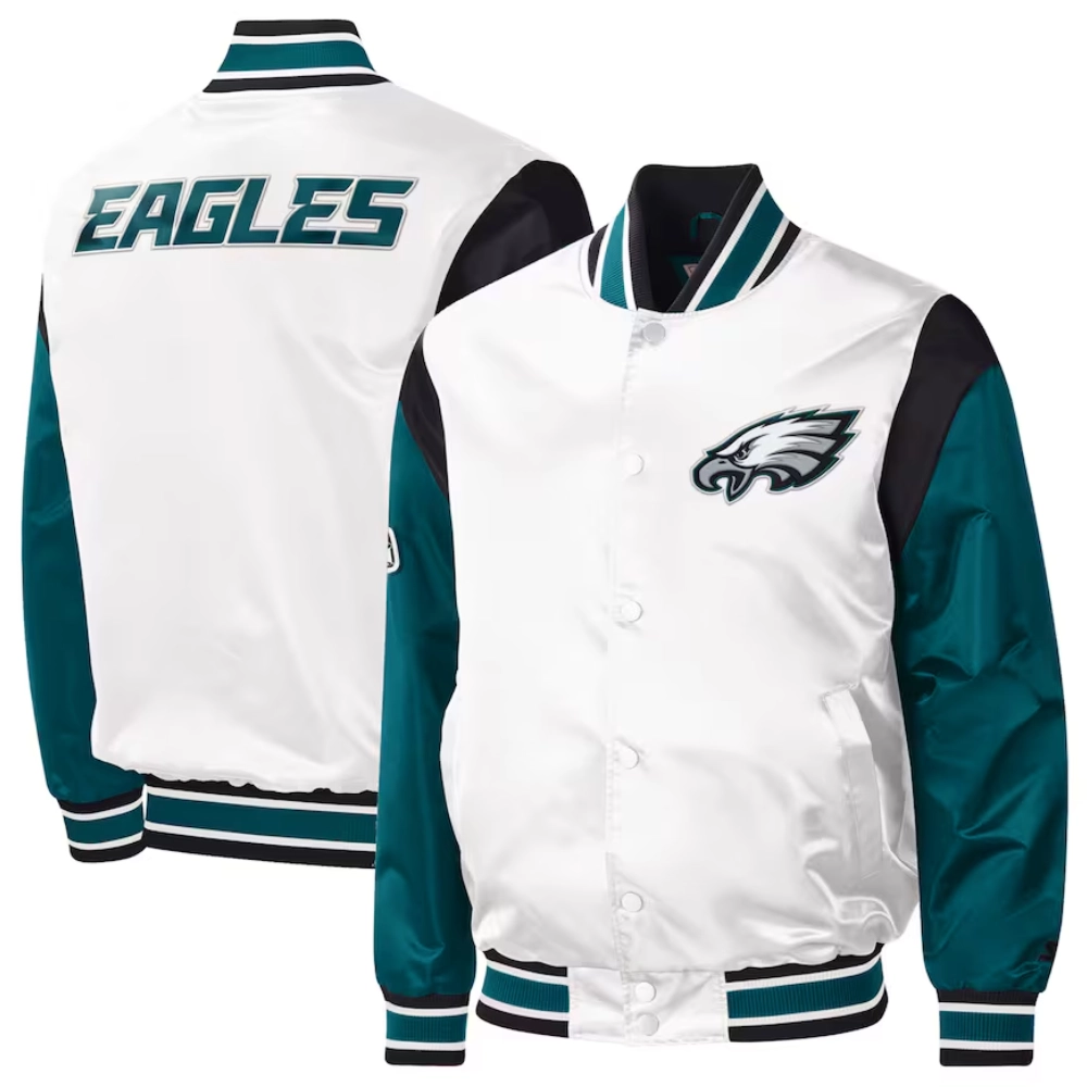 Philadelphia eagles pitch full snap satin varsity jacket white green 2