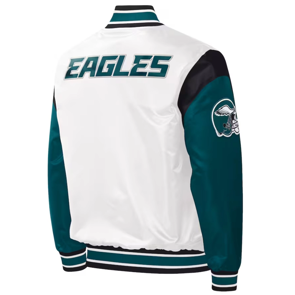 Philadelphia eagles pitch full snap satin varsity jacket white green