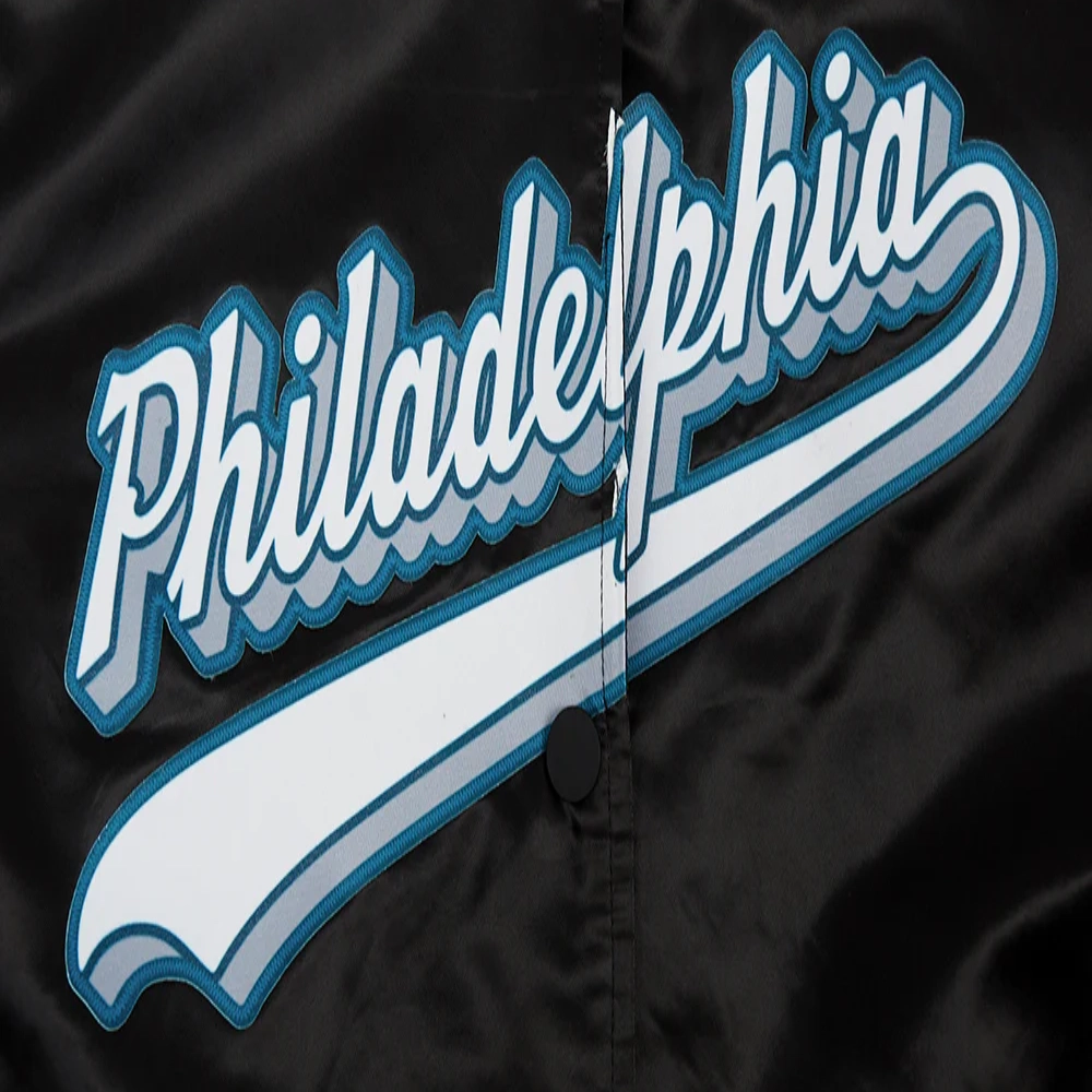 Philadelphia eagles script tail womens full snap satin varsity jacket black 1