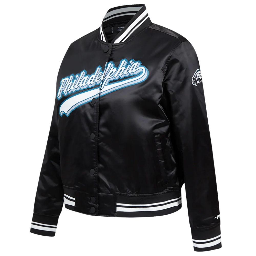 Philadelphia eagles script tail womens full snap satin varsity jacket black 4