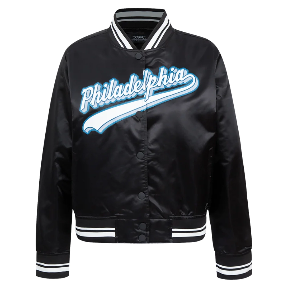 Philadelphia eagles script tail womens full snap satin varsity jacket black 5
