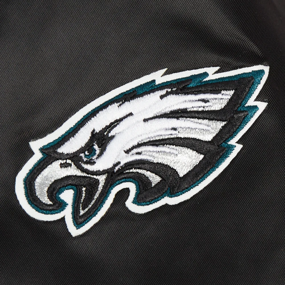 Philadelphia eagles script tail womens full snap satin varsity jacket black