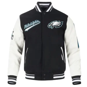 Philadelphia eagles script tail wool leather varsity jacket black white 2