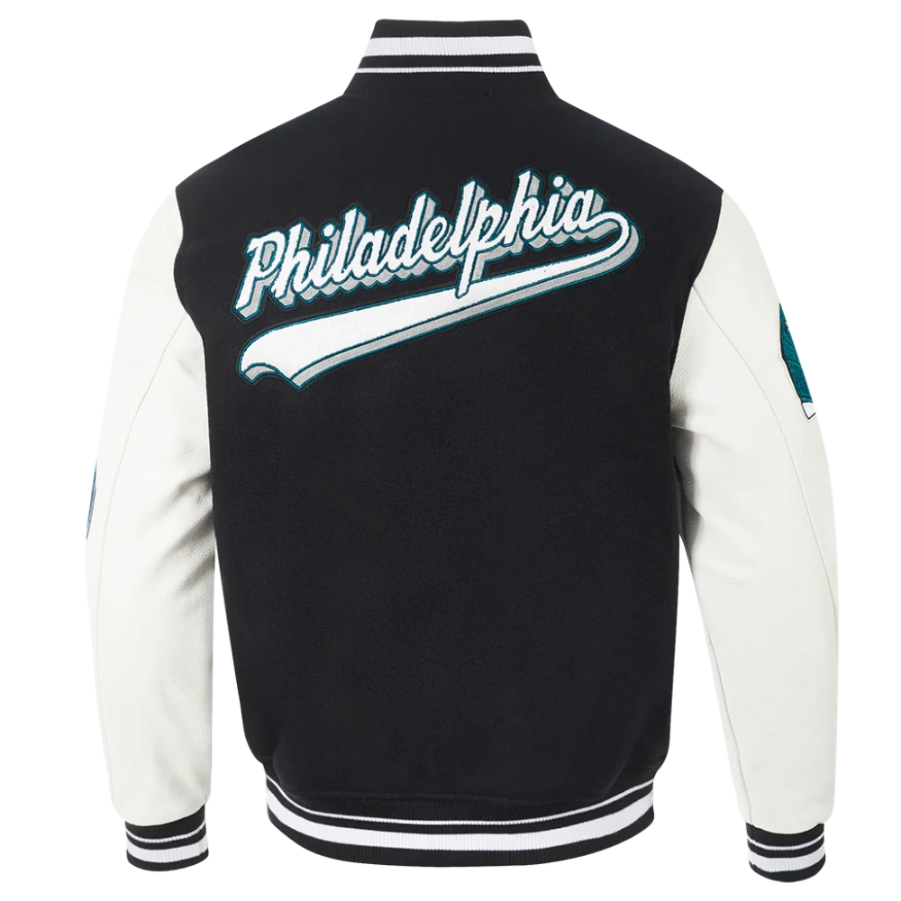 Philadelphia eagles script tail wool leather varsity jacket black white 4