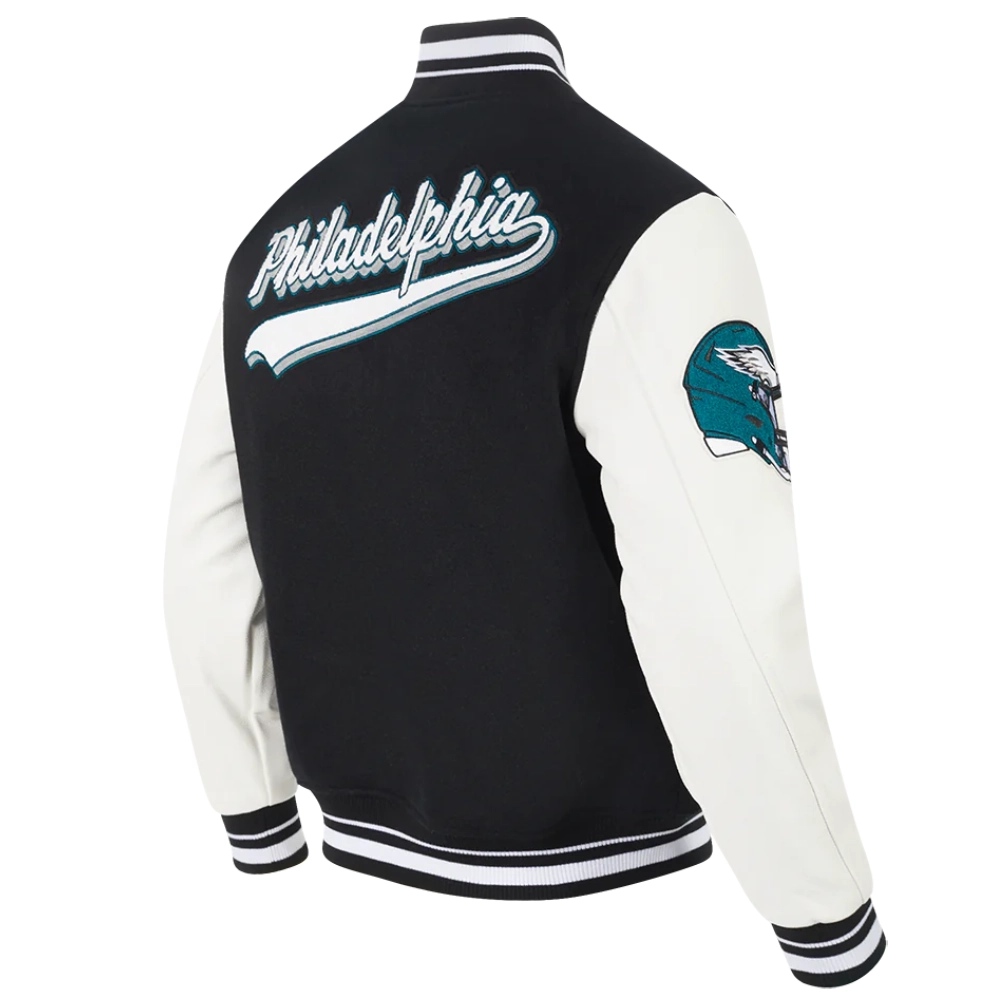 Philadelphia eagles script tail wool leather varsity jacket black white 5