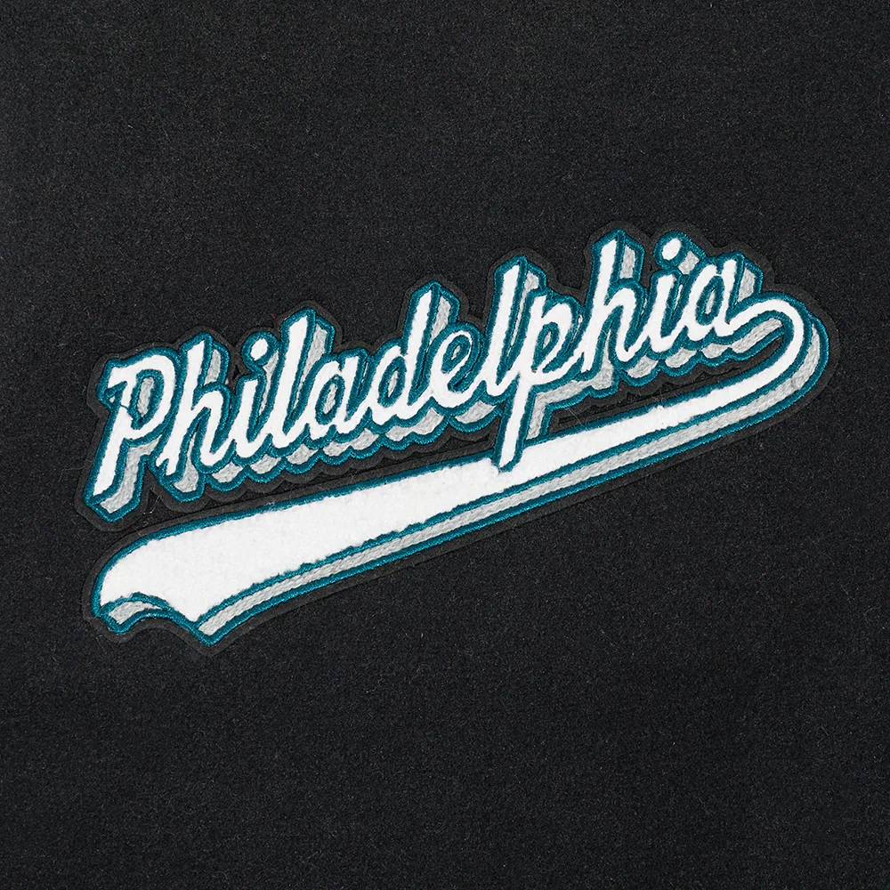 Philadelphia eagles script tail wool leather varsity jacket black white