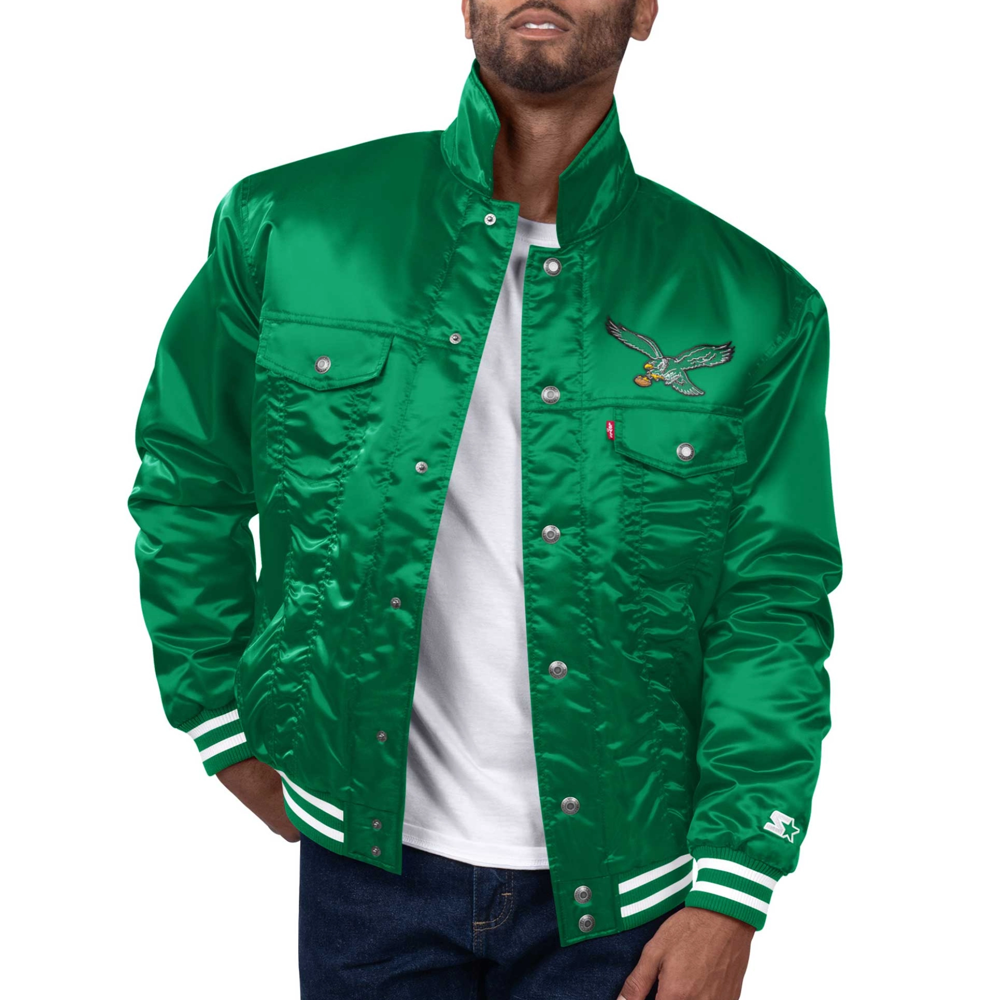 Philadelphia eagles silver tab trucker varsity satin jacket green 00 1
