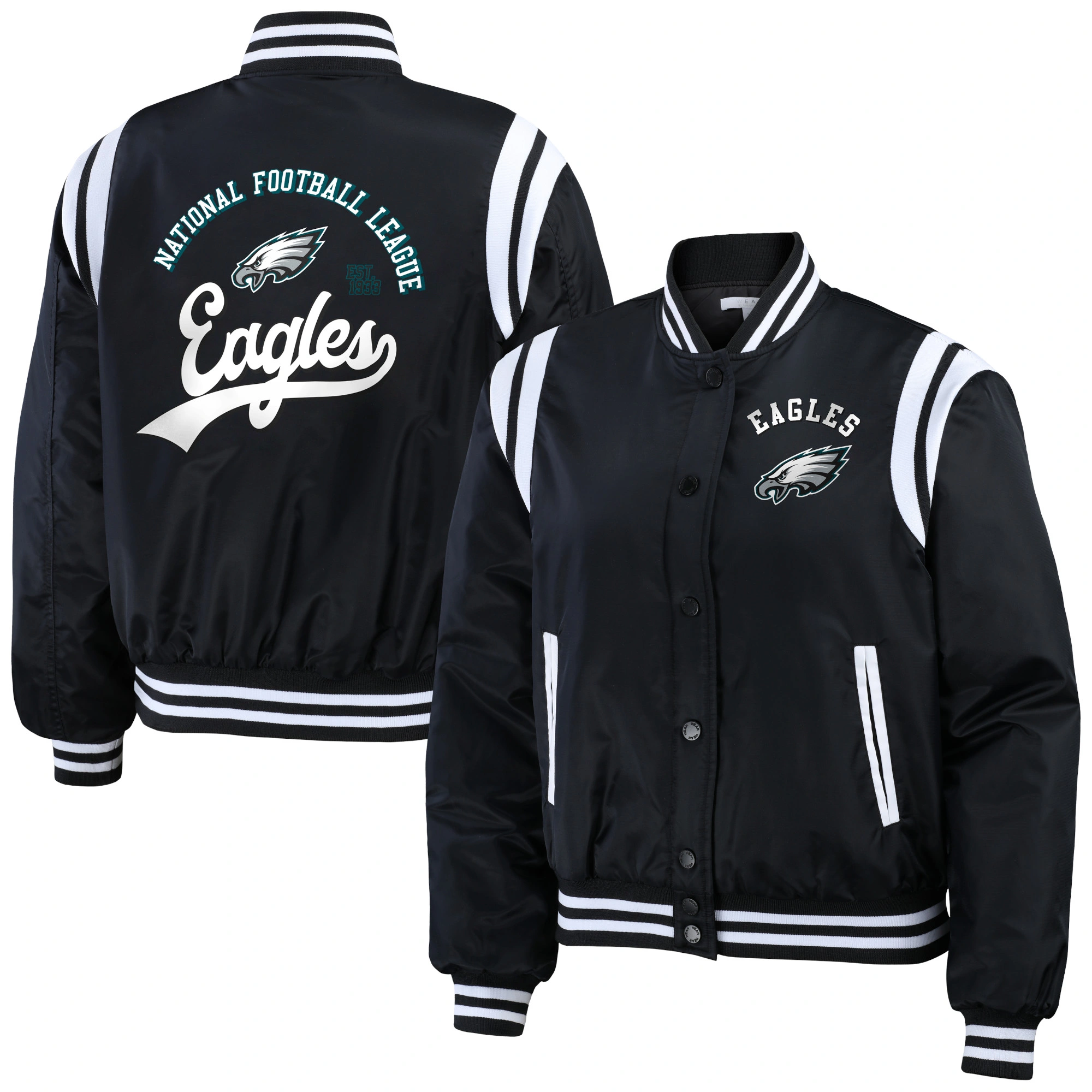 Philadelphia eagles womens full snap bomber varsity jacket black 1