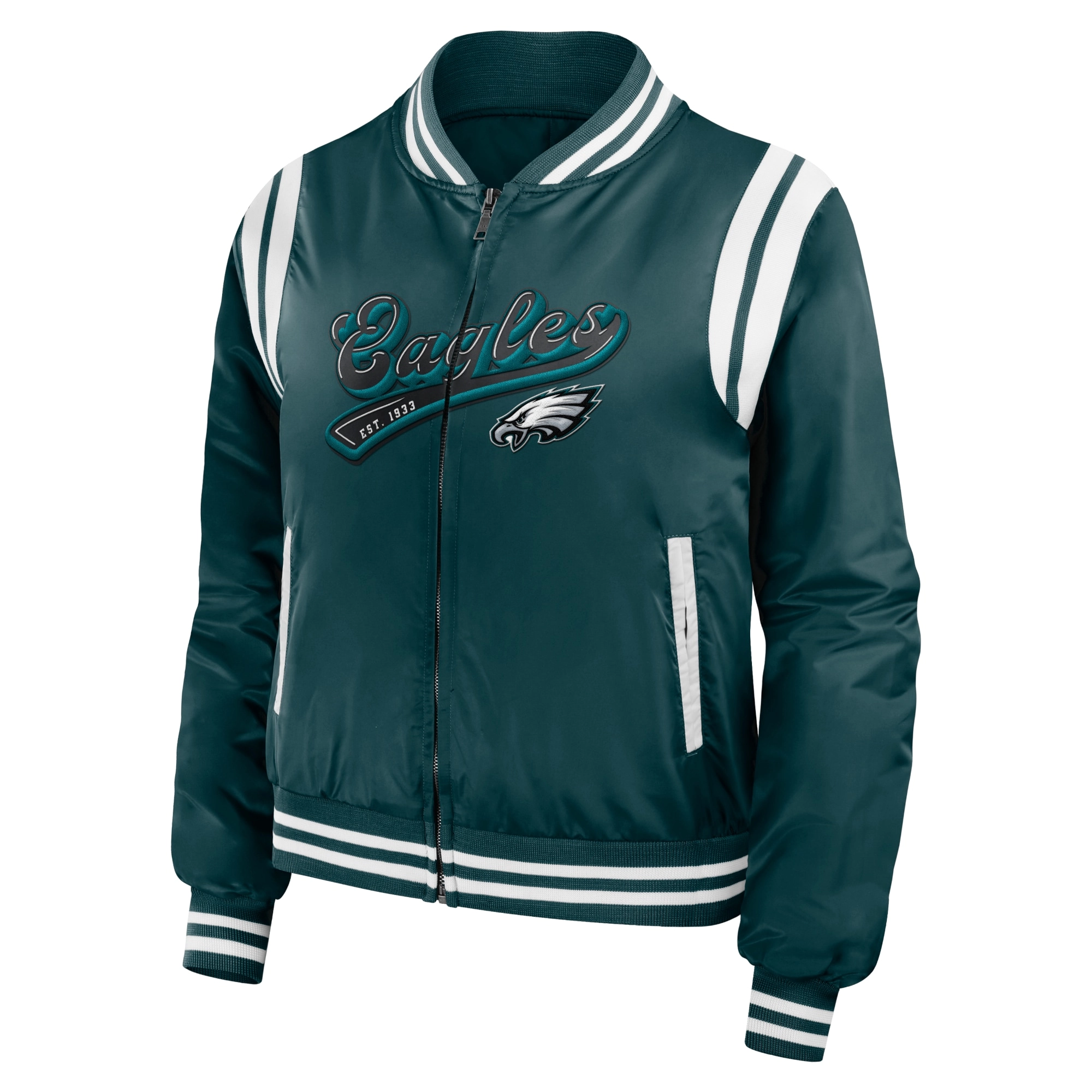 Philadelphia eagles womens full zip bomber varsity jacket green 1 1