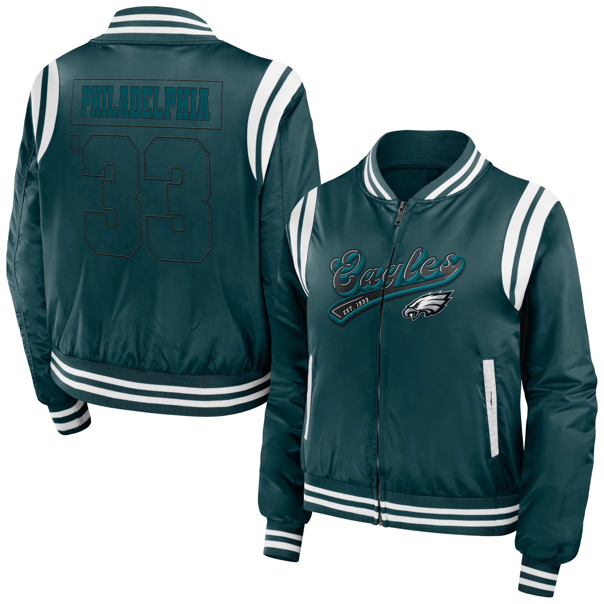 Philadelphia eagles womens full zip bomber varsity jacket green 1 2