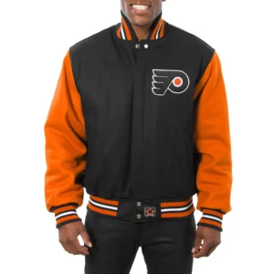 Philadelphia flyers two tone wool varsity jacket black orange 1