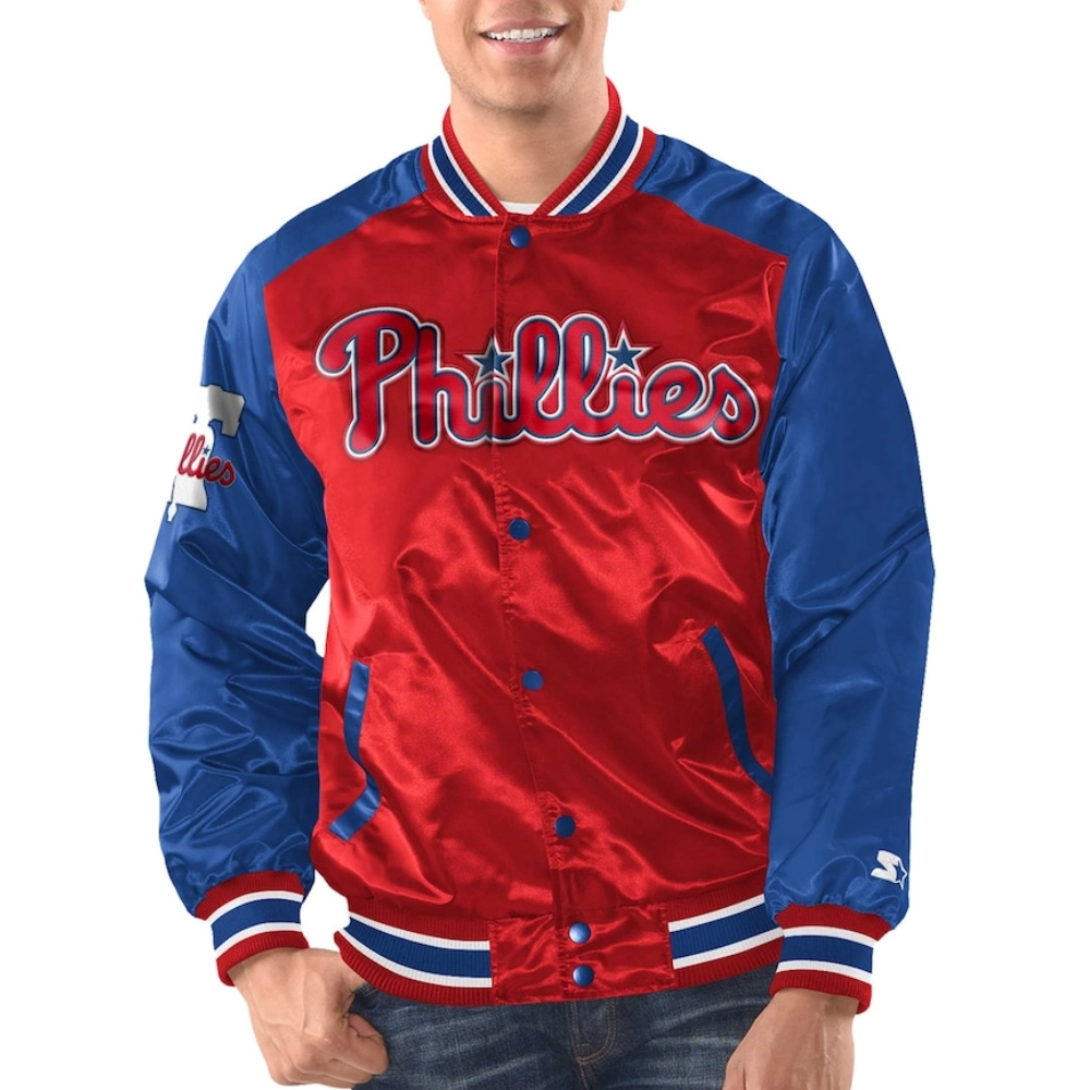 Philadelphia phillies force play satin varsity jacket red blue 1