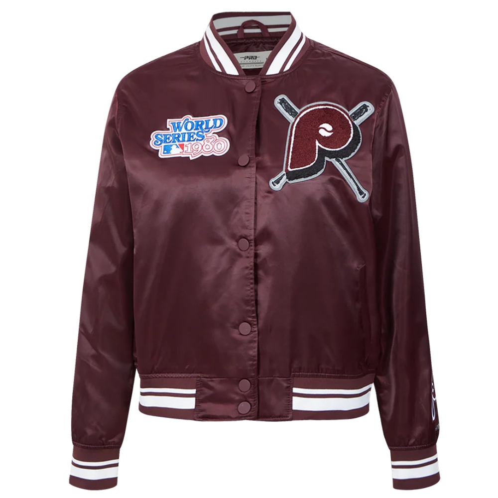 Philadelphia phillies mashup womens full snap satin varsity jacket wine 7