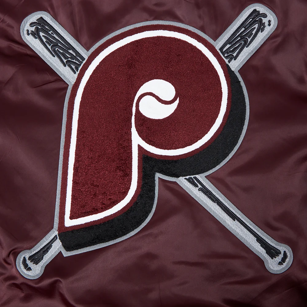 Philadelphia phillies mashup womens full snap satin varsity jacket wine