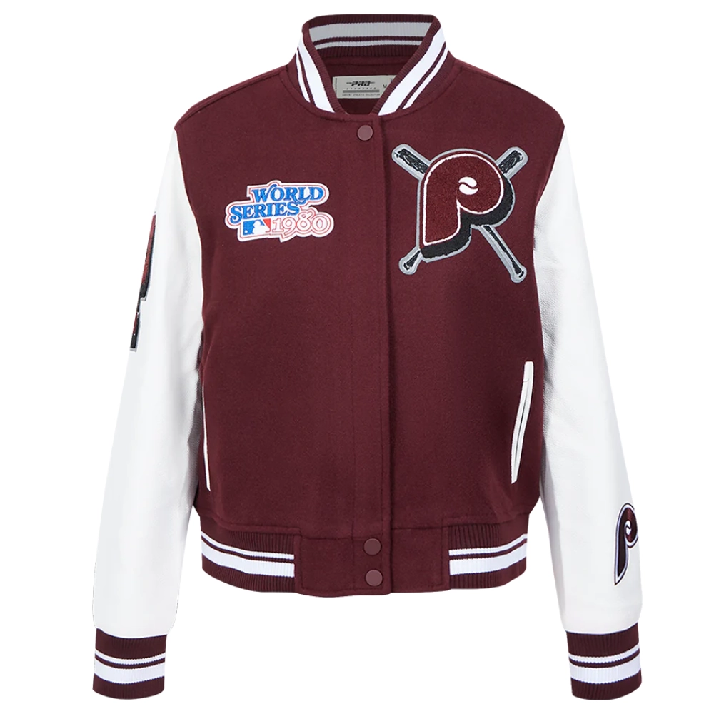 Philadelphia phillies mashup womens wool leather varsity jacket wine white 8