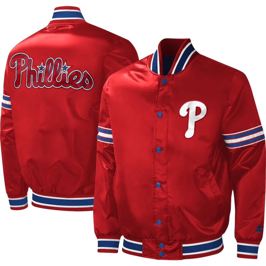 Philadelphia phillies midfield full snap satin varsity jacket red 1