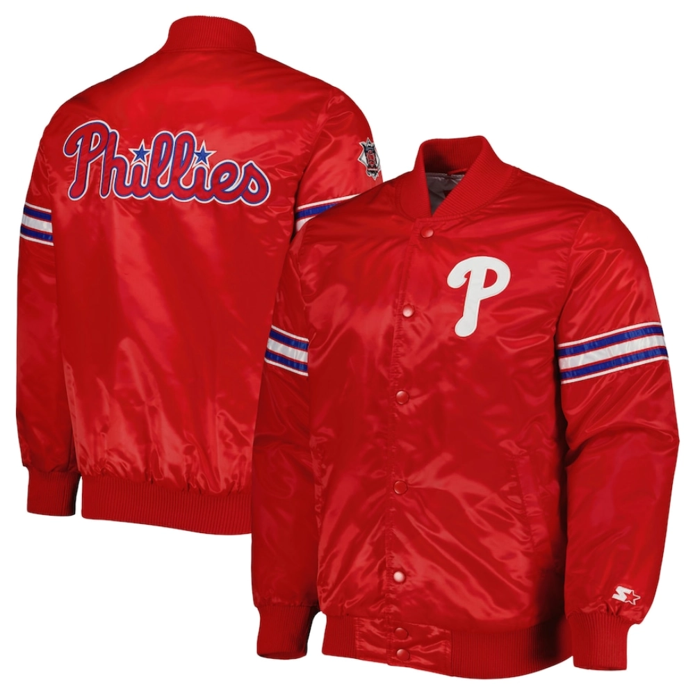 Philadelphia phillies pick roll full snap satin varsity jacket red 3