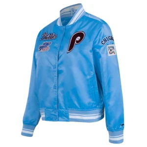 Philadelphia phillies retro classic womens full snap satin varsity jacket blue 6