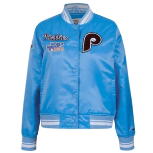 Philadelphia phillies retro classic womens full snap satin varsity jacket blue 7