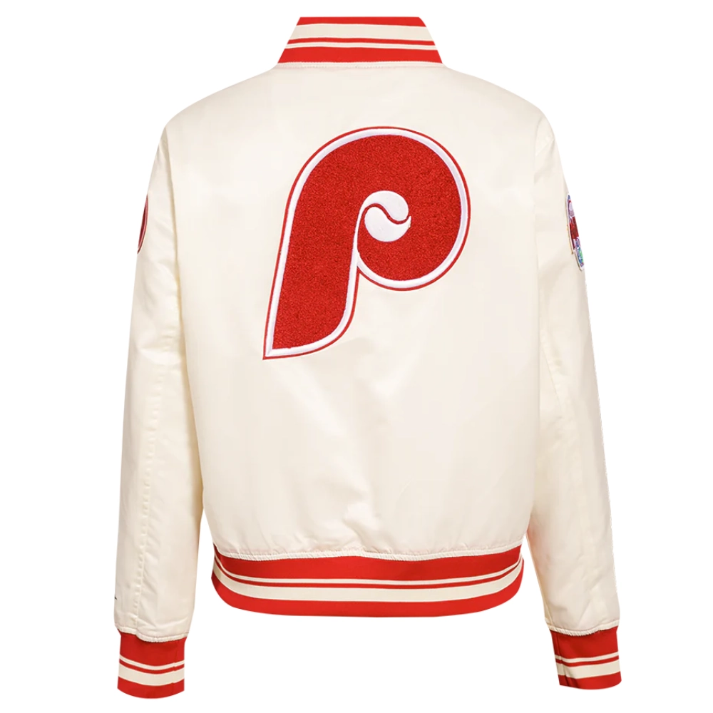 Philadelphia phillies retro classic womens full snap satin varsity jacket white 5