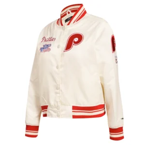 Philadelphia phillies retro classic womens full snap satin varsity jacket white 6